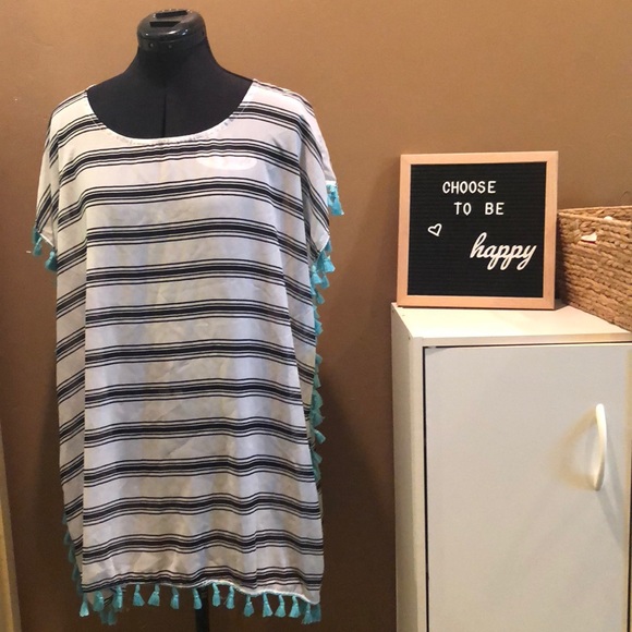 Other - Sheer, black and white stripped coverup with teal 🍄
